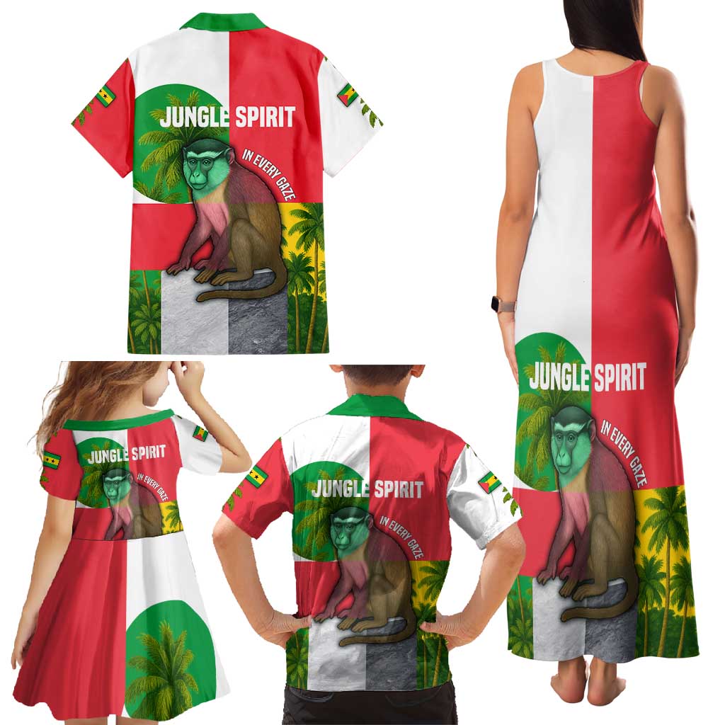 Jungle Spirit Monkey Family Matching Tank Maxi Dress and Hawaiian Shirt with Sao Tome and Principe Tropical Flag Color Blocks