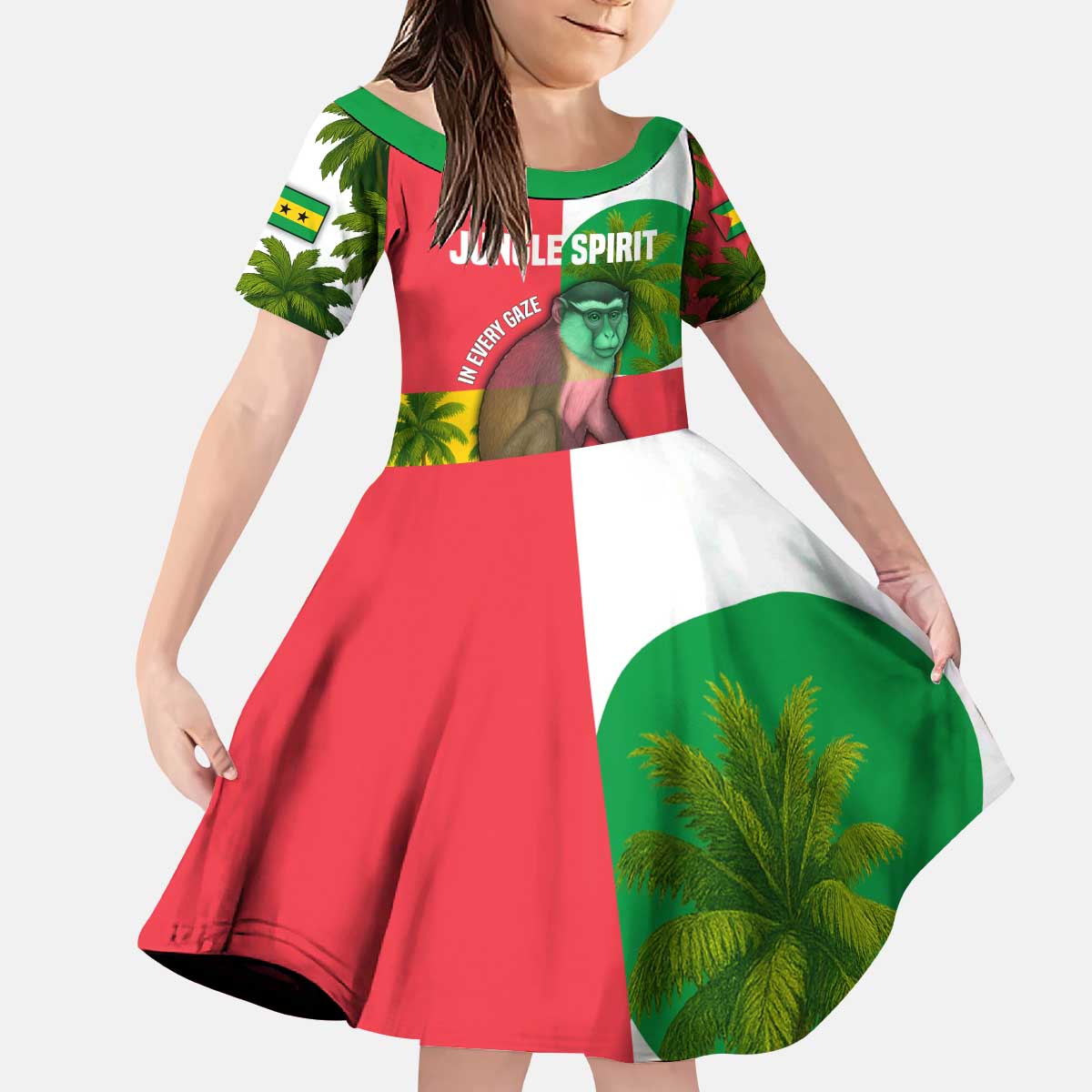 Jungle Spirit Monkey Kid Short Sleeve Dress with Sao Tome and Principe Tropical Flag Color Blocks