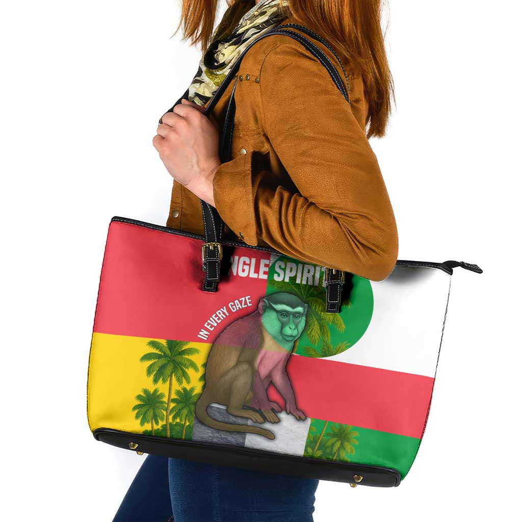 Jungle Spirit Monkey Leather Tote Bag with Sao Tome and Principe Tropical Flag Color Blocks