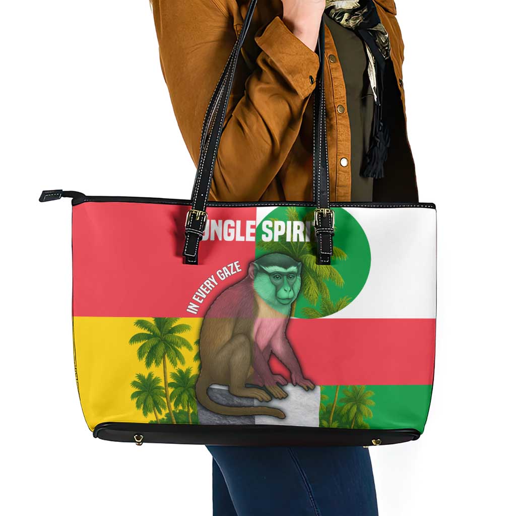Jungle Spirit Monkey Leather Tote Bag with Sao Tome and Principe Tropical Flag Color Blocks