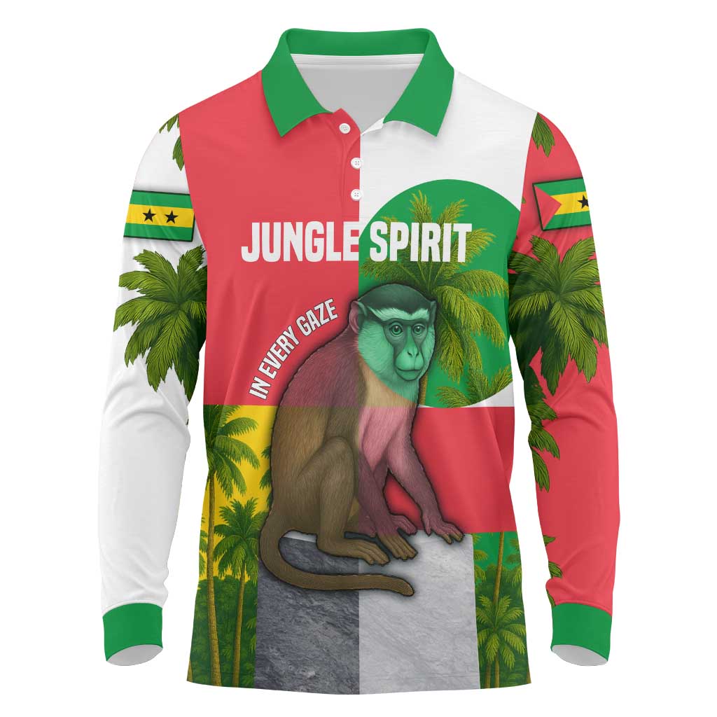 Jungle Spirit Monkey Long Sleeve Polo Shirt with Sao Tome and Principe Tropical Flag Color Blocks