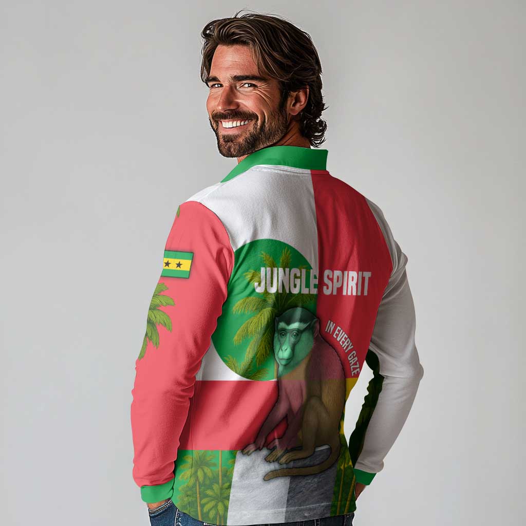 Jungle Spirit Monkey Long Sleeve Polo Shirt with Sao Tome and Principe Tropical Flag Color Blocks