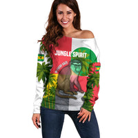Jungle Spirit Monkey Off Shoulder Sweater with Sao Tome and Principe Tropical Flag Color Blocks