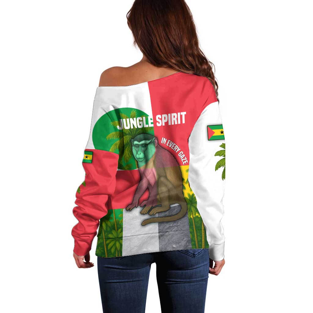 Jungle Spirit Monkey Off Shoulder Sweater with Sao Tome and Principe Tropical Flag Color Blocks