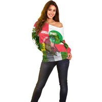 Jungle Spirit Monkey Off Shoulder Sweater with Sao Tome and Principe Tropical Flag Color Blocks