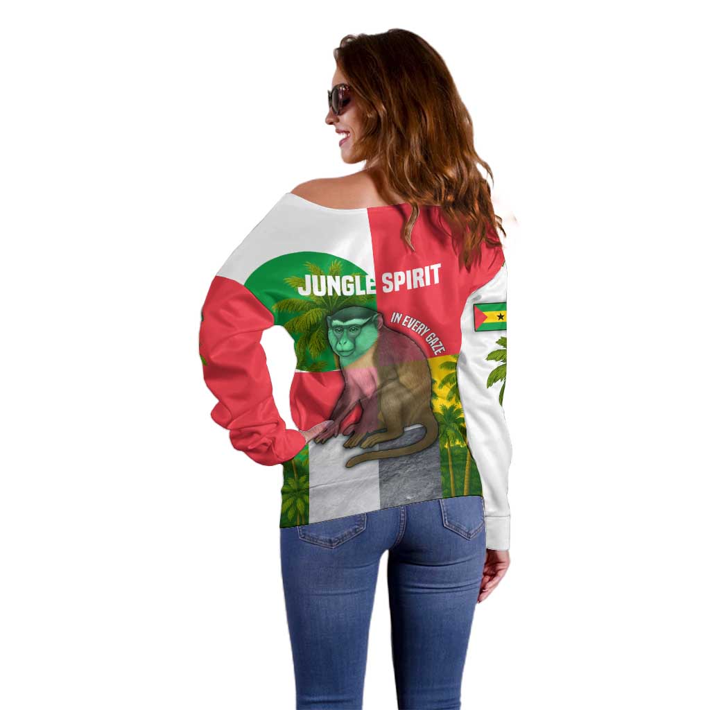 Jungle Spirit Monkey Off Shoulder Sweater with Sao Tome and Principe Tropical Flag Color Blocks