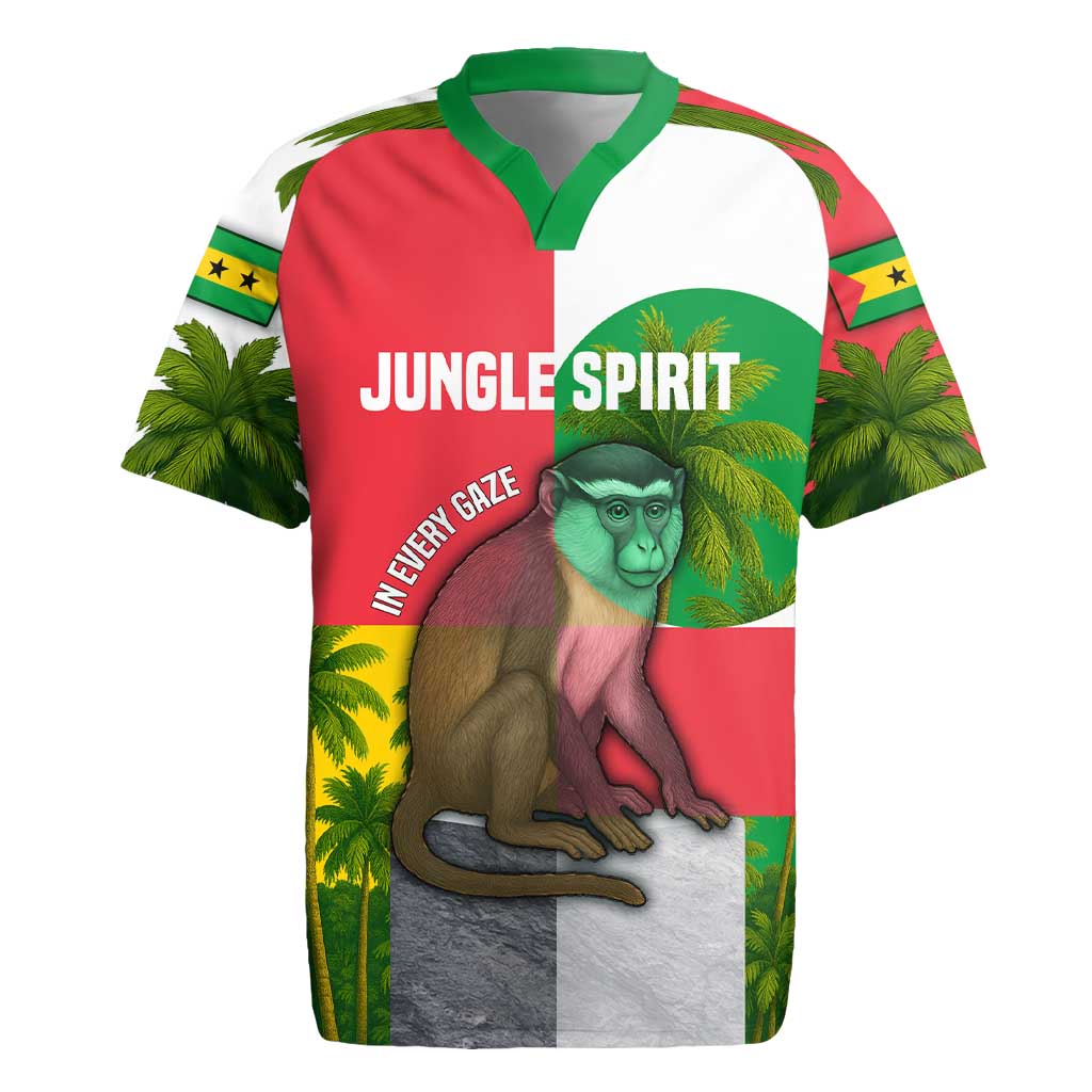 Jungle Spirit Monkey Rugby Jersey with Sao Tome and Principe Tropical Flag Color Blocks