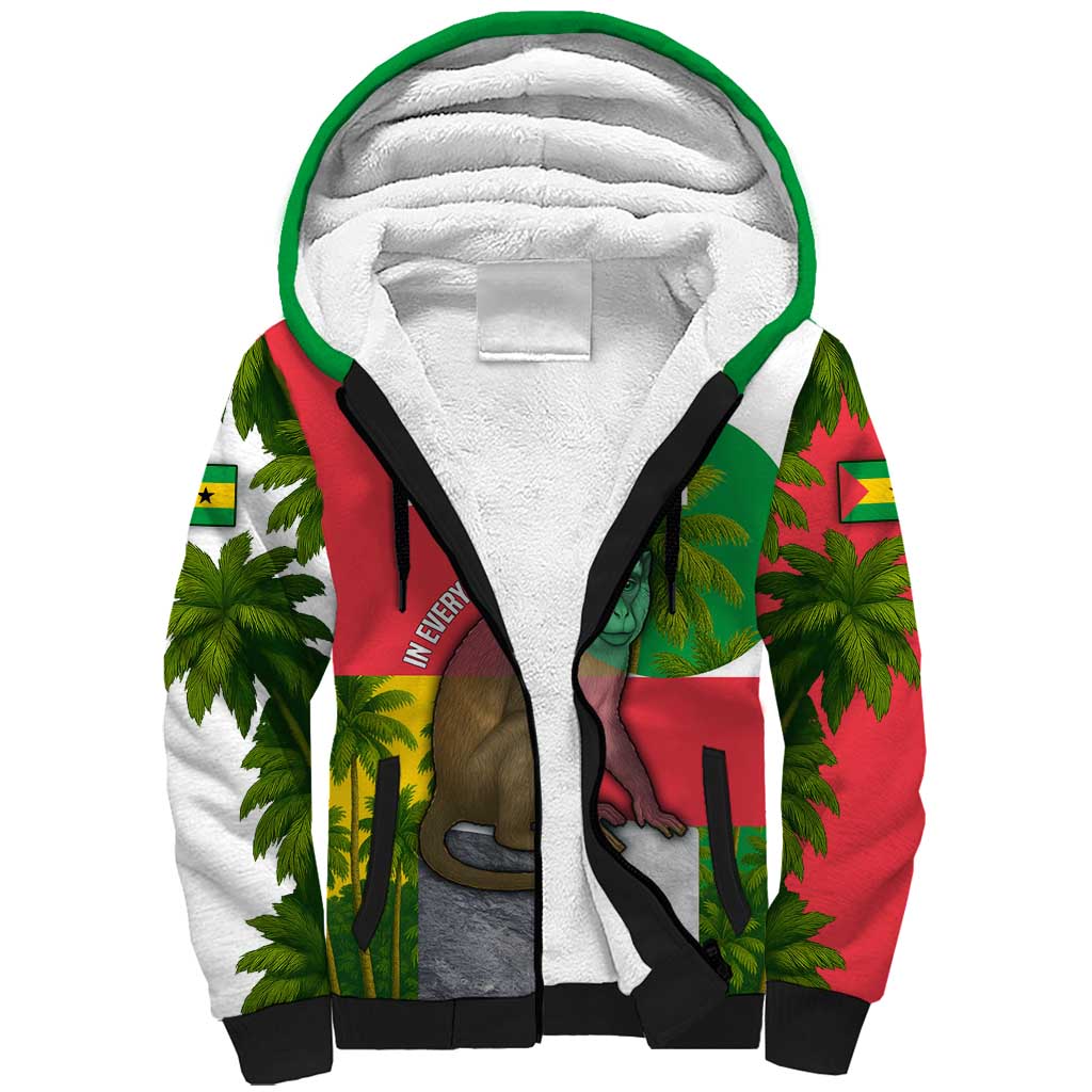 Jungle Spirit Monkey Sherpa Hoodie with Sao Tome and Principe Tropical Flag Color Blocks