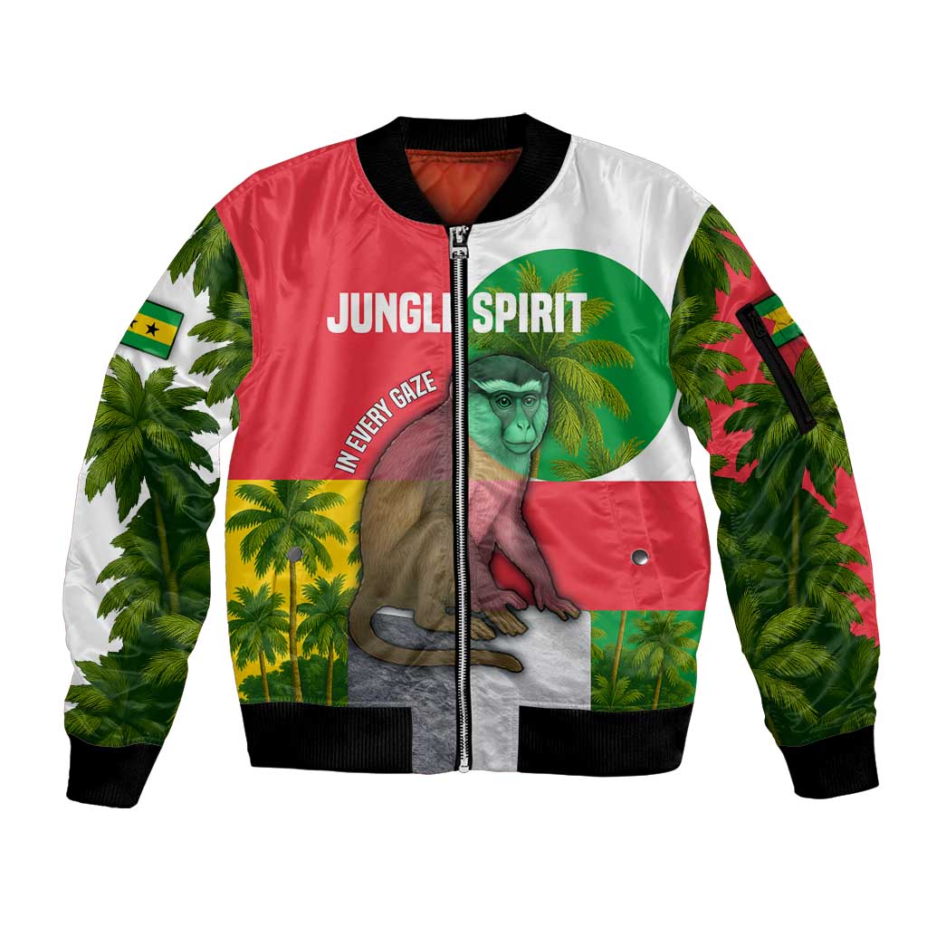 Jungle Spirit Monkey Sleeve Zip Bomber Jacket with Sao Tome and Principe Tropical Flag Color Blocks