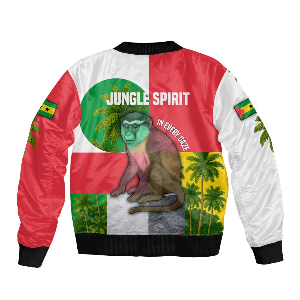 Jungle Spirit Monkey Sleeve Zip Bomber Jacket with Sao Tome and Principe Tropical Flag Color Blocks