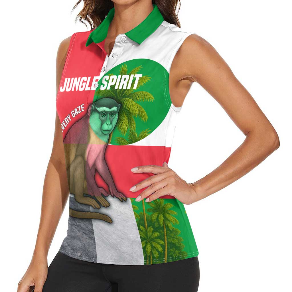 Jungle Spirit Monkey Women Sleeveless Polo Shirt with Sao Tome and Principe Tropical Flag Color Blocks