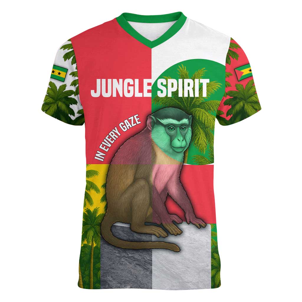 Jungle Spirit Monkey Women V-Neck T-Shirt with Sao Tome and Principe Tropical Flag Color Blocks