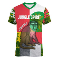 Jungle Spirit Monkey Women V-Neck T-Shirt with Sao Tome and Principe Tropical Flag Color Blocks