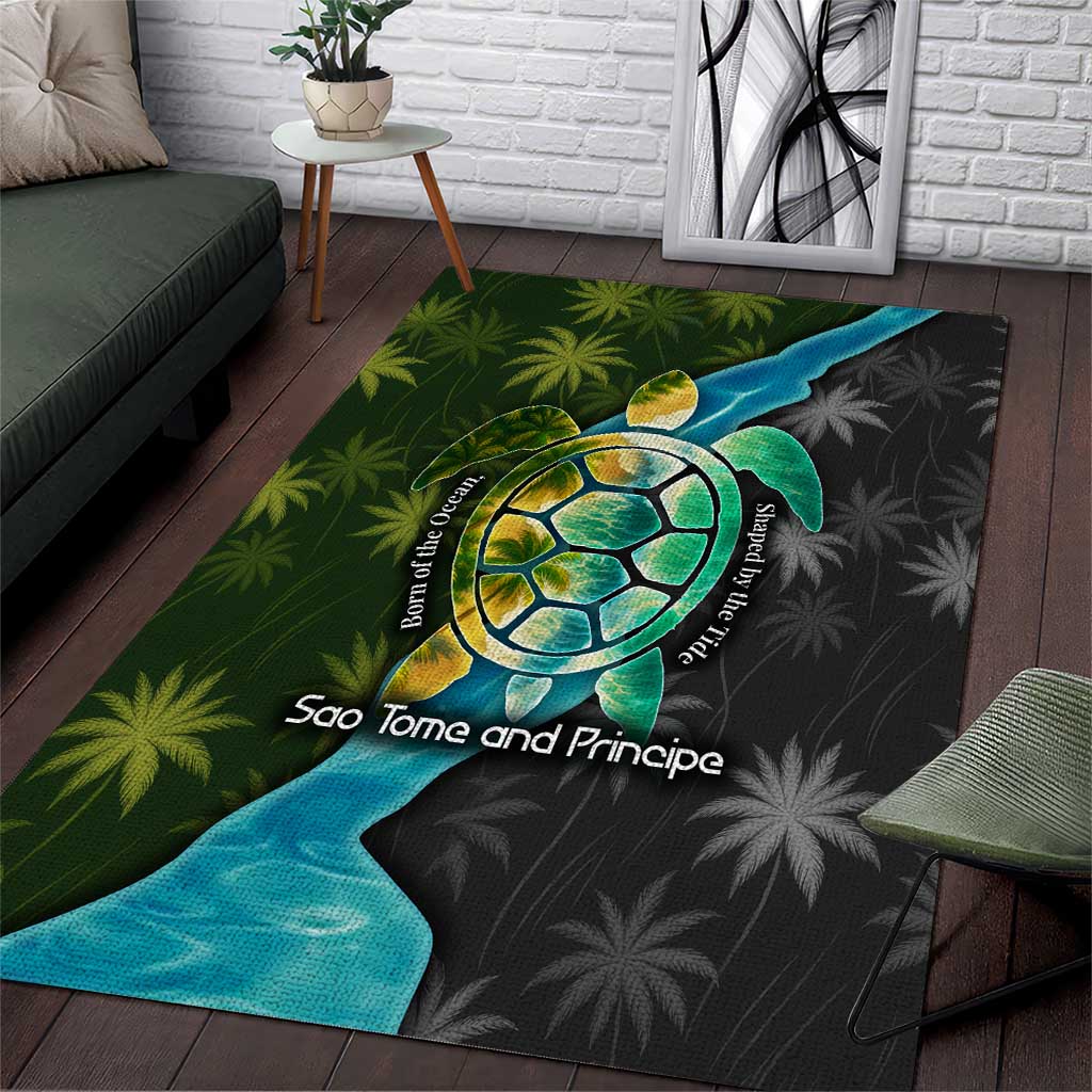 Sea Turtle Sao Tome and Principe Area Rug with Ocean Tide and Tropical Palm Design