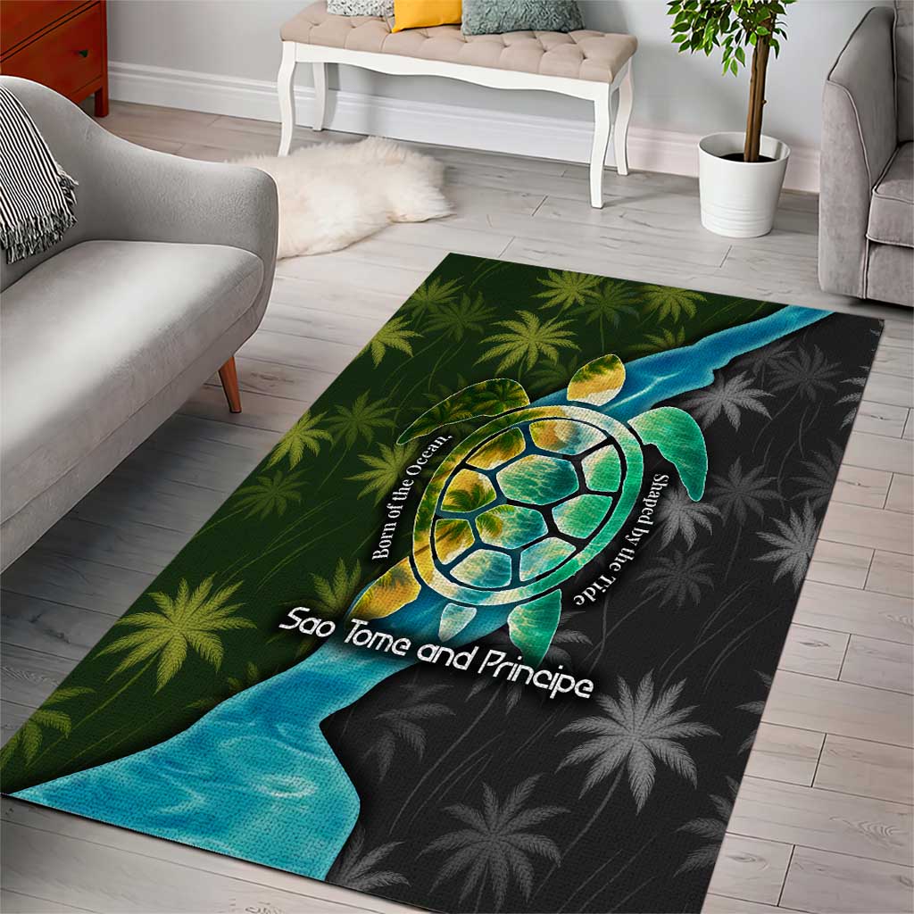 Sea Turtle Sao Tome and Principe Area Rug with Ocean Tide and Tropical Palm Design