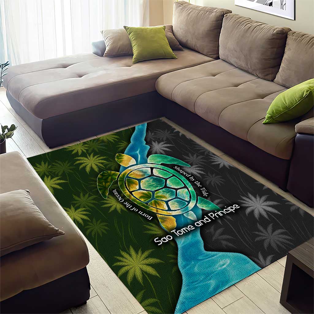 Sea Turtle Sao Tome and Principe Area Rug with Ocean Tide and Tropical Palm Design