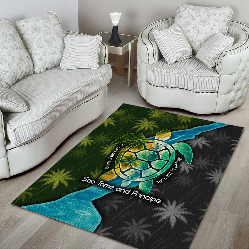 Sea Turtle Sao Tome and Principe Area Rug with Ocean Tide and Tropical Palm Design