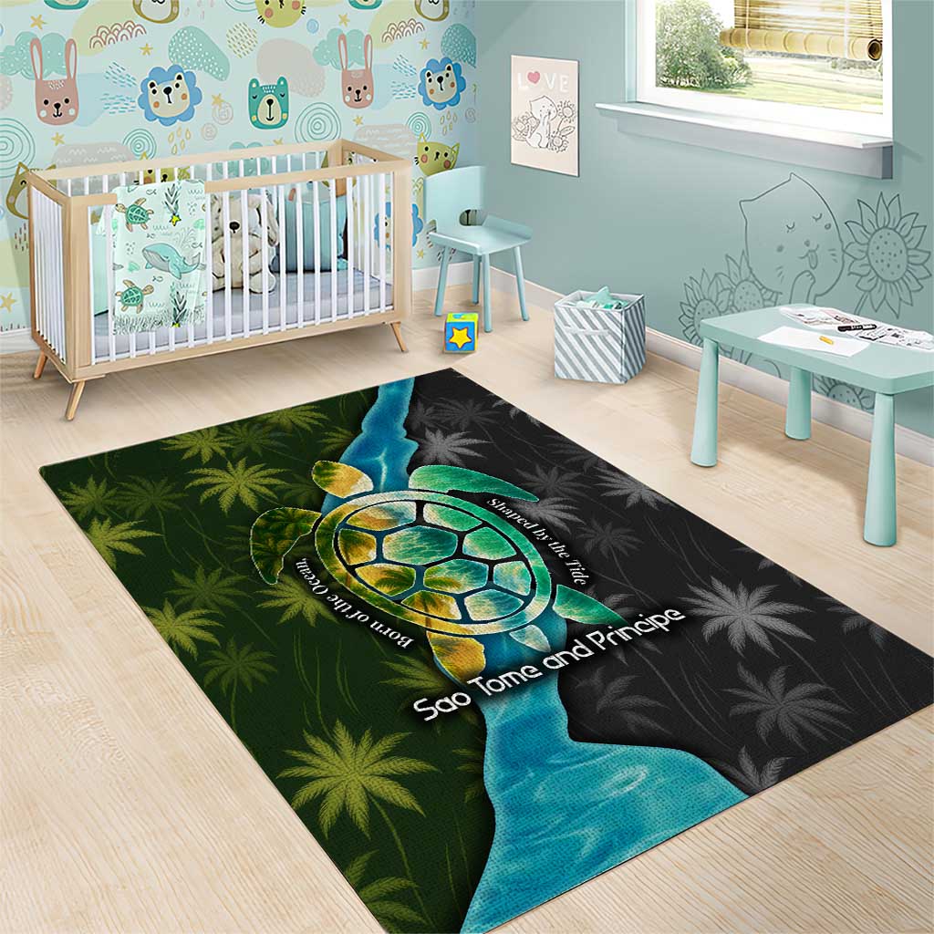 Sea Turtle Sao Tome and Principe Area Rug with Ocean Tide and Tropical Palm Design