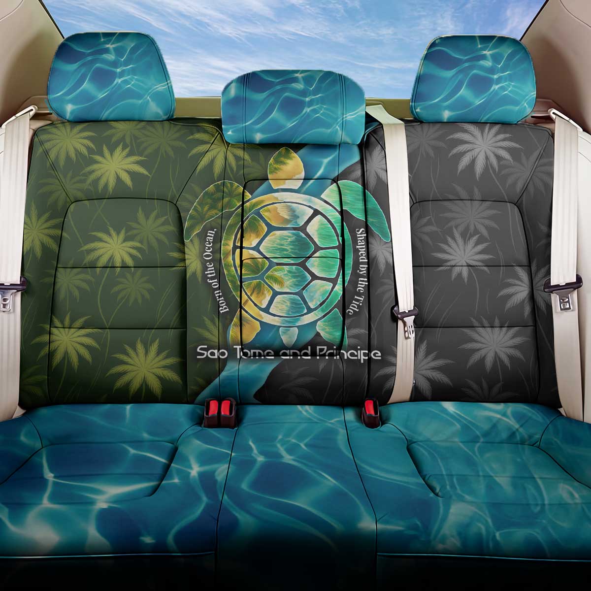 Sea Turtle Sao Tome and Principe Back Car Seat Cover with Ocean Tide and Tropical Palm Design