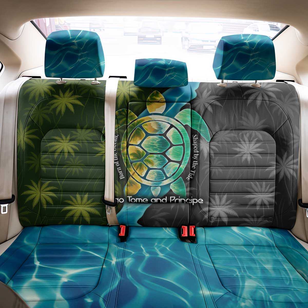 Sea Turtle Sao Tome and Principe Back Car Seat Cover with Ocean Tide and Tropical Palm Design