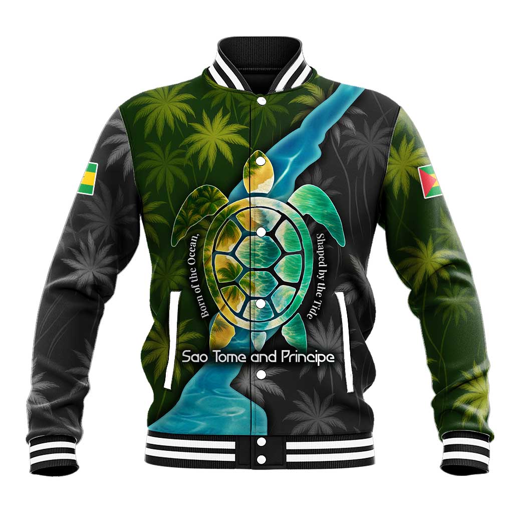 Sea Turtle Sao Tome and Principe Baseball Jacket with Ocean Tide and Tropical Palm Design