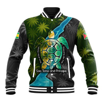 Sea Turtle Sao Tome and Principe Baseball Jacket with Ocean Tide and Tropical Palm Design