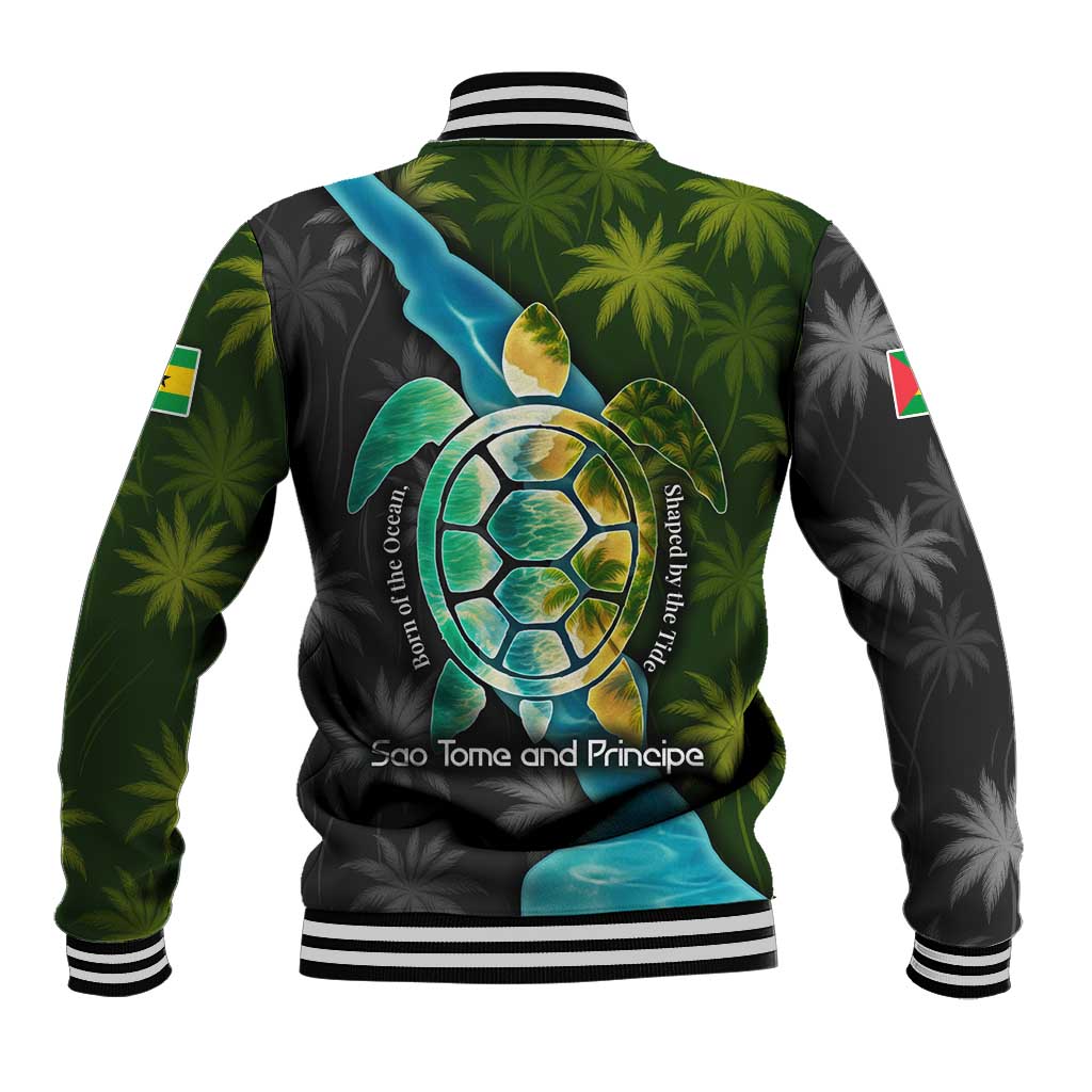 Sea Turtle Sao Tome and Principe Baseball Jacket with Ocean Tide and Tropical Palm Design