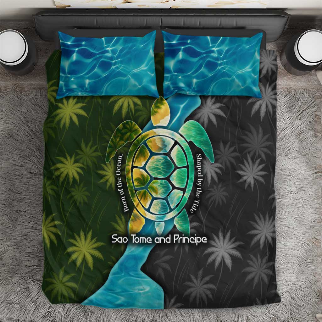 Sea Turtle Sao Tome and Principe Bedding Set with Ocean Tide and Tropical Palm Design