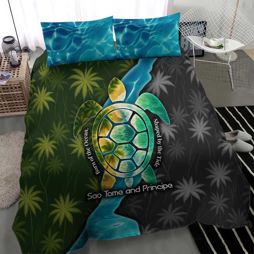 Sea Turtle Sao Tome and Principe Bedding Set with Ocean Tide and Tropical Palm Design