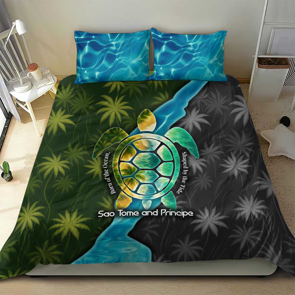 Sea Turtle Sao Tome and Principe Bedding Set with Ocean Tide and Tropical Palm Design
