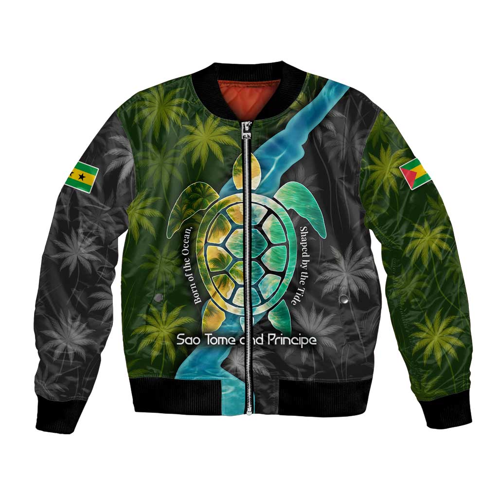 Sea Turtle Sao Tome and Principe Bomber Jacket with Ocean Tide and Tropical Palm Design