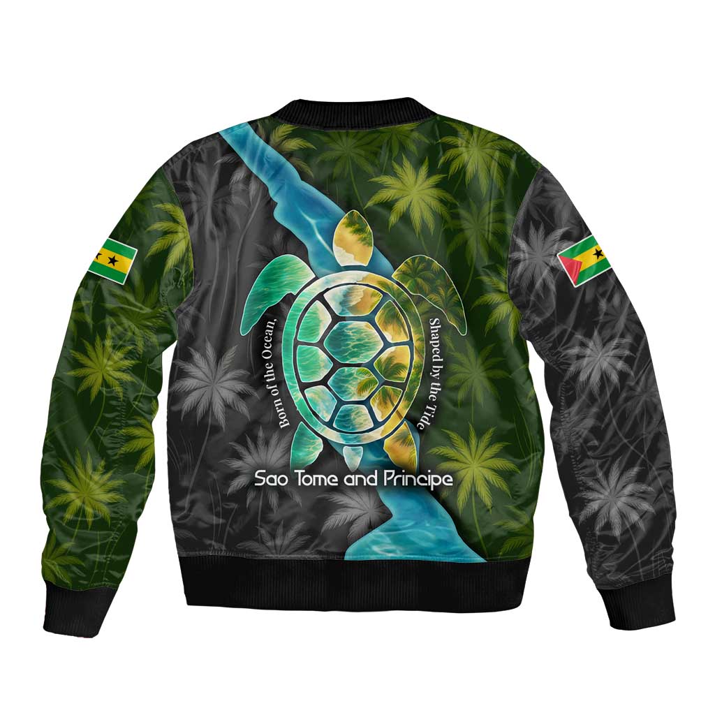 Sea Turtle Sao Tome and Principe Bomber Jacket with Ocean Tide and Tropical Palm Design