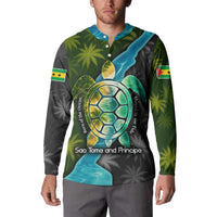 Sea Turtle Sao Tome and Principe Button Sweatshirt with Ocean Tide and Tropical Palm Design