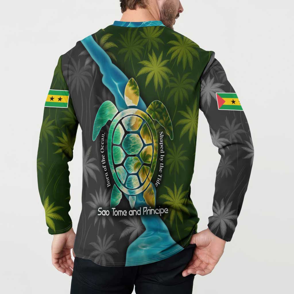 Sea Turtle Sao Tome and Principe Button Sweatshirt with Ocean Tide and Tropical Palm Design