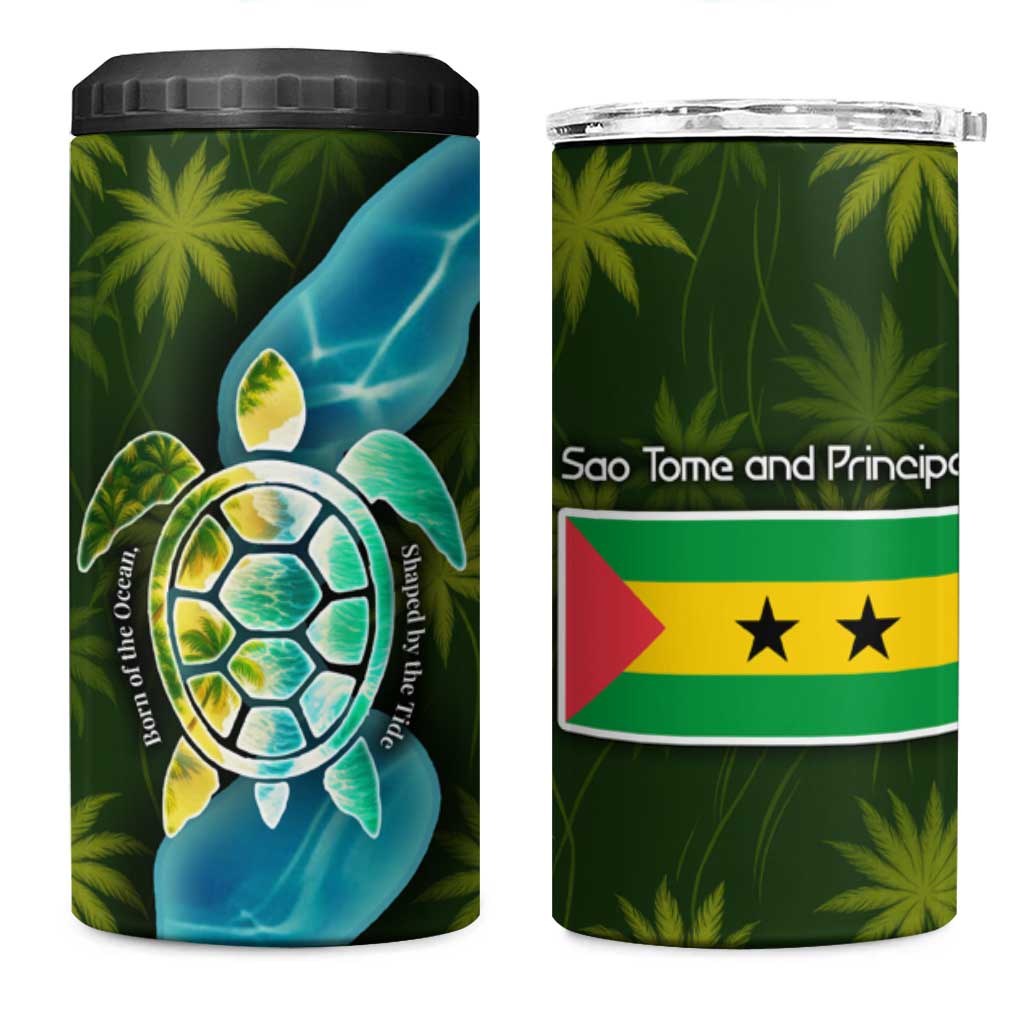 Sea Turtle Sao Tome and Principe 4 in 1 Can Cooler Tumbler with Ocean Tide and Tropical Palm Design