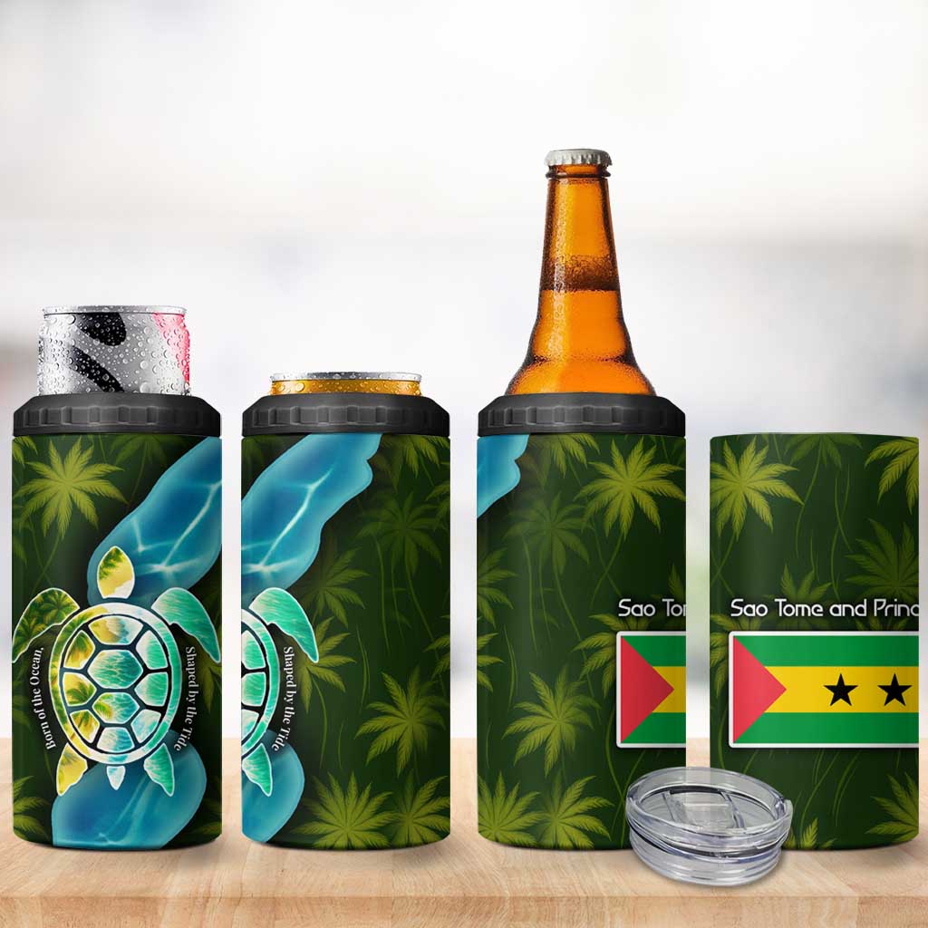 Sea Turtle Sao Tome and Principe 4 in 1 Can Cooler Tumbler with Ocean Tide and Tropical Palm Design