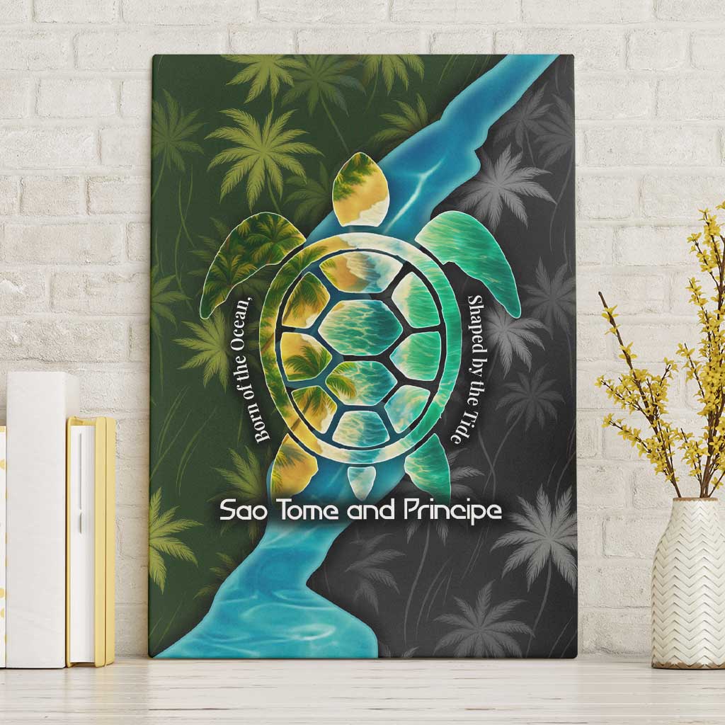 Sea Turtle Sao Tome and Principe Canvas Wall Art with Ocean Tide and Tropical Palm Design