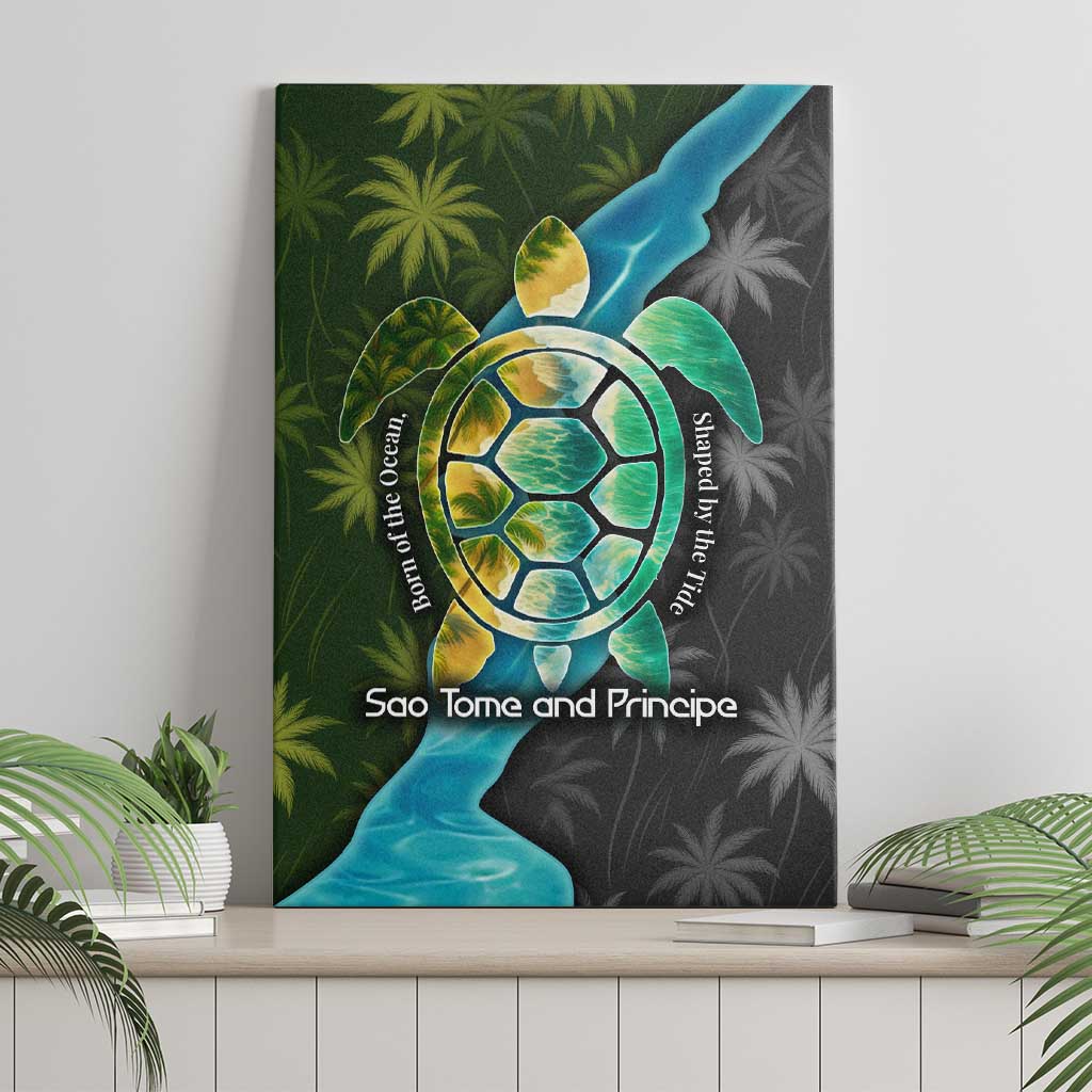 Sea Turtle Sao Tome and Principe Canvas Wall Art with Ocean Tide and Tropical Palm Design