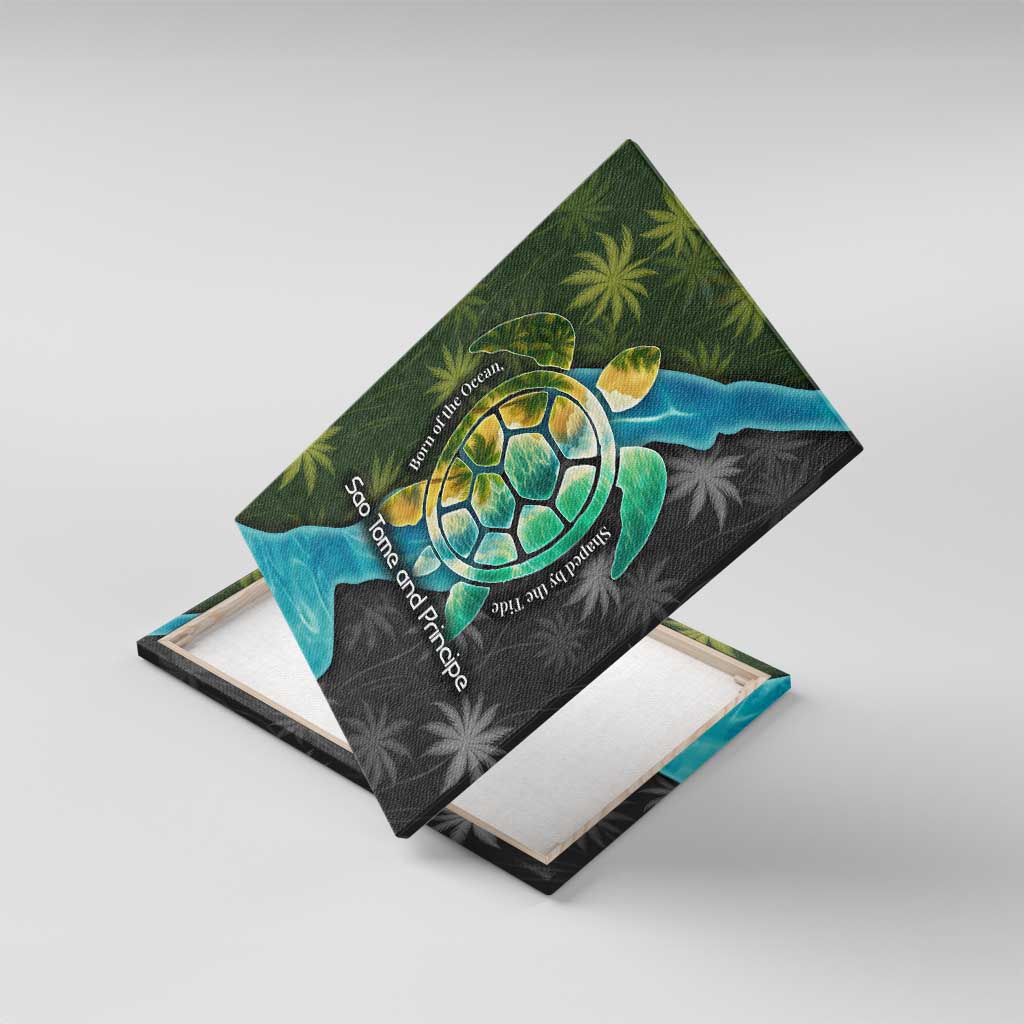 Sea Turtle Sao Tome and Principe Canvas Wall Art with Ocean Tide and Tropical Palm Design