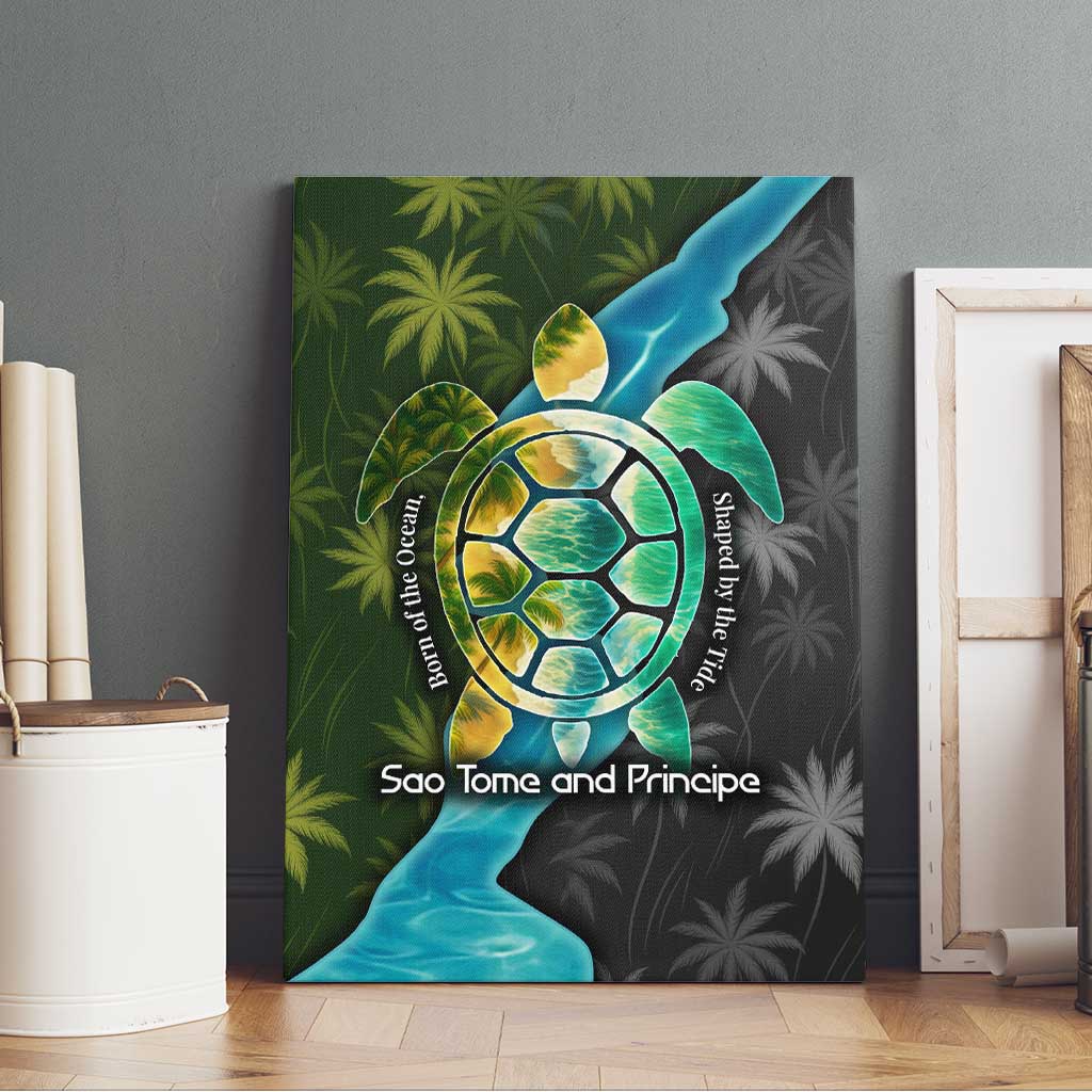 Sea Turtle Sao Tome and Principe Canvas Wall Art with Ocean Tide and Tropical Palm Design