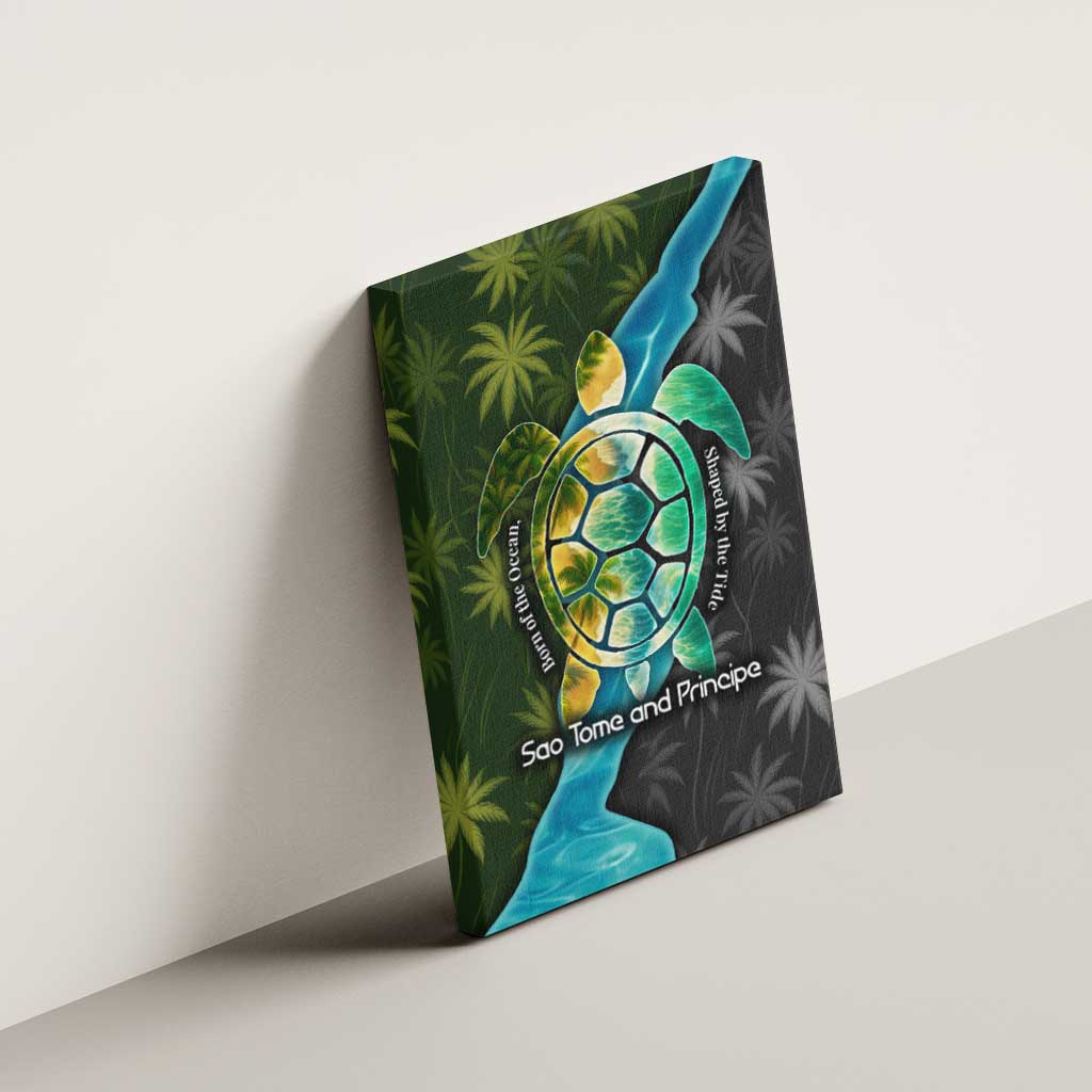 Sea Turtle Sao Tome and Principe Canvas Wall Art with Ocean Tide and Tropical Palm Design