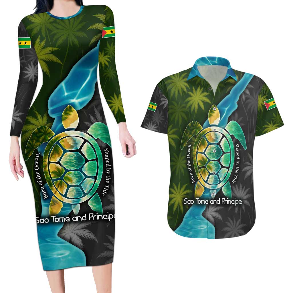 Sea Turtle Sao Tome and Principe Couples Matching Long Sleeve Bodycon Dress and Hawaiian Shirt with Ocean Tide and Tropical Palm Design