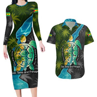 Sea Turtle Sao Tome and Principe Couples Matching Long Sleeve Bodycon Dress and Hawaiian Shirt with Ocean Tide and Tropical Palm Design
