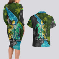 Sea Turtle Sao Tome and Principe Couples Matching Long Sleeve Bodycon Dress and Hawaiian Shirt with Ocean Tide and Tropical Palm Design