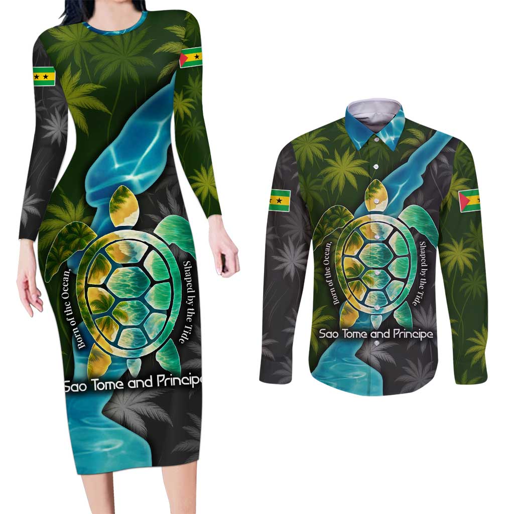 Sea Turtle Sao Tome and Principe Couples Matching Long Sleeve Bodycon Dress and Long Sleeve Button Shirt with Ocean Tide and Tropical Palm Design