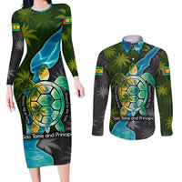 Sea Turtle Sao Tome and Principe Couples Matching Long Sleeve Bodycon Dress and Long Sleeve Button Shirt with Ocean Tide and Tropical Palm Design