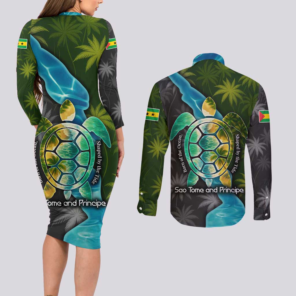 Sea Turtle Sao Tome and Principe Couples Matching Long Sleeve Bodycon Dress and Long Sleeve Button Shirt with Ocean Tide and Tropical Palm Design