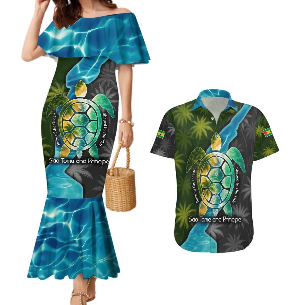 Sea Turtle Sao Tome and Principe Couples Matching Mermaid Dress and Hawaiian Shirt with Ocean Tide and Tropical Palm Design