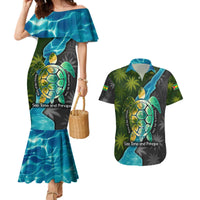 Sea Turtle Sao Tome and Principe Couples Matching Mermaid Dress and Hawaiian Shirt with Ocean Tide and Tropical Palm Design
