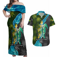 Sea Turtle Sao Tome and Principe Couples Matching Off Shoulder Maxi Dress and Hawaiian Shirt with Ocean Tide and Tropical Palm Design